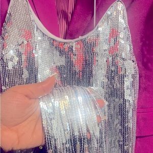 Silver sparkle dress with tassels at the bottom. Knee length. Brand new.